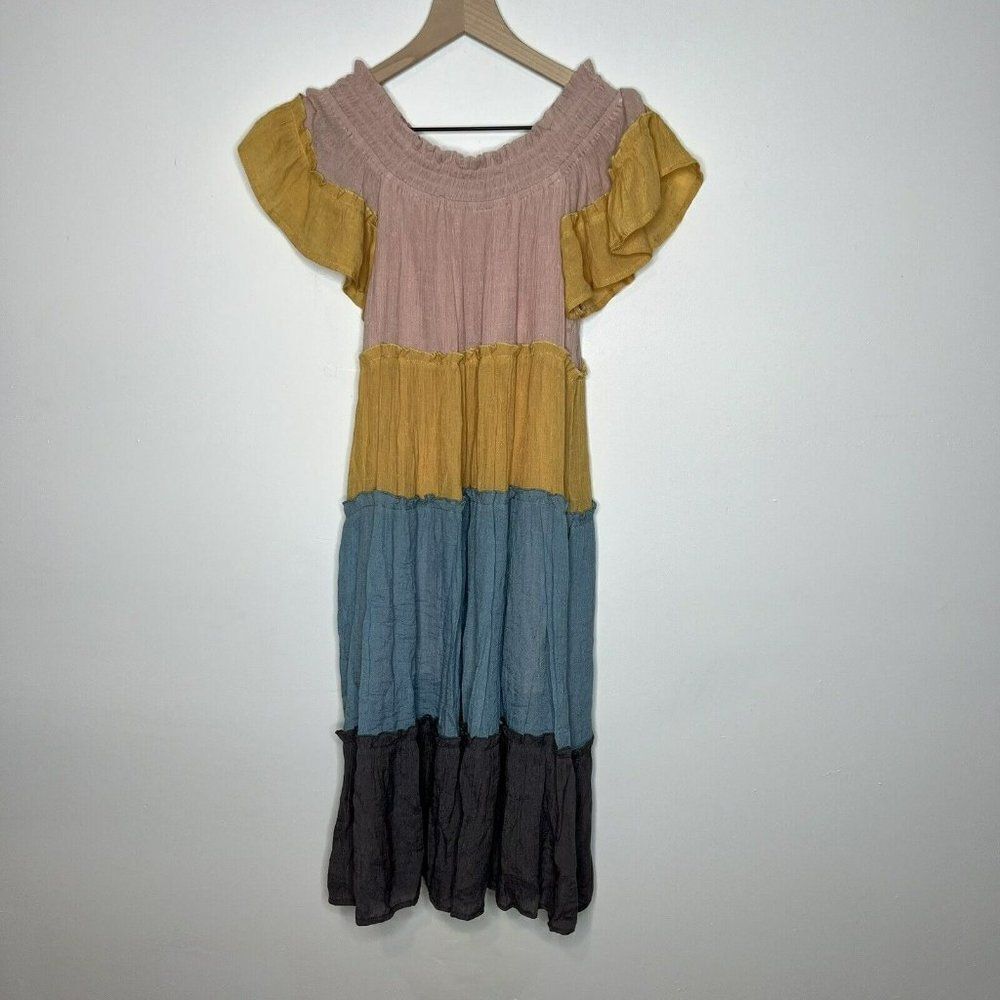 Umgee Color Block Tiered Off The Shoulder Mini Dress Women's Small